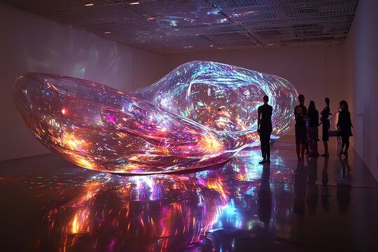 Avant-garde art installation combining organic matter with advanced robotics, pulsating with rhythmic light patterns, interactive holographic displays
