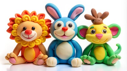Obraz premium Colorful plasticine animals, including a smiling lion, happy monkey, and curious rabbit, arranged on a white background, showcasing playful and creative childhood imagination.