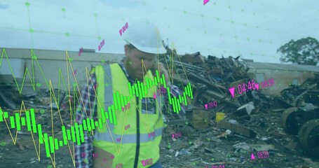 Analyzing financial data animation over construction worker at demolition site - Powered by Adobe