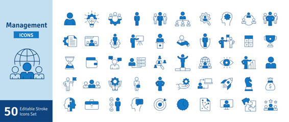 Management And Business Blue Line Icon Set Editable Stroke. Teamwork, Business, Task, Deadline, Planning, Strategy, Marketing, Leadership Line Icons Vector Illustration Collection
