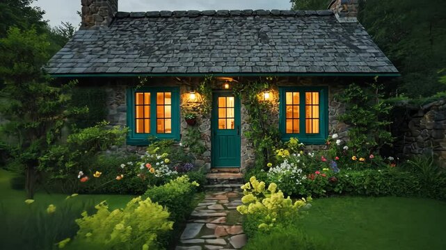 Video footage of charming stone cottage at dusk or night, with warm light glowing from its windows and an open door