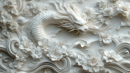 Detailed White Dragon Relief Flower Statue on the Wall Made with Generative AI Technology