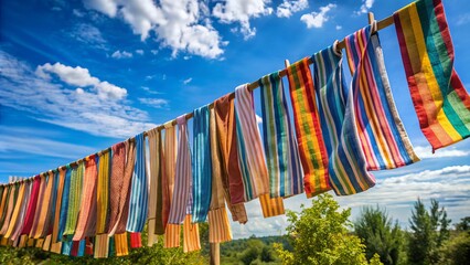 Colorful strips of worn fabric hang from a rustic wooden clothesline, gently swaying in the breeze against a soft, sunny blue sky background.