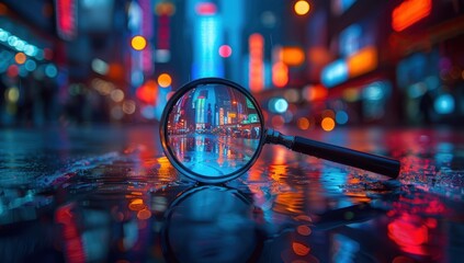 Magnifying Glass on City Street at Night with Graph.