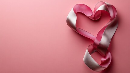 Fototapeta premium Silver ribbon heart shape border on pink background Valentine�s Day card mockup minimal flat lay love concept with copy space