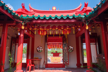 A century old heritage Chinese Temple entrance shows the traditional Feng Shui symbolism and architectural style in Nibong Tebal, Penang, Malaysia.