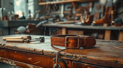 Handcrafted Leather Belt in Artisan Workshop with Tools and Wooden Workbench