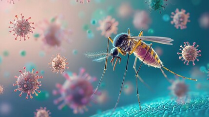 Naklejka premium A detailed illustration of a mosquito amidst viral particles, showcasing the connection between insects and disease transmission.