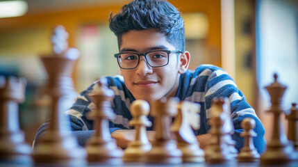 A young player focuses intently on a chess game in a library, surrounded by intricately carved wooden pieces in a bright setting