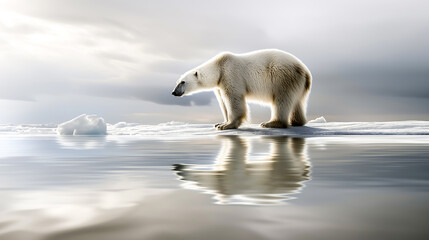 Fototapeta premium A polar bear climbed onto a melting snow flow. Polar Bear on ice flow. Ursus maritimus. Baffin Bay, Nunavut, Canada, North America, Greenland. Global warming, Climate change concept 