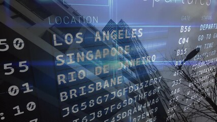 City names and alphanumeric codes animation over modern building background
