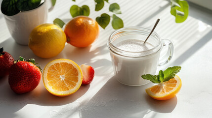 Fototapeta premium Glass of frothy milk with fresh strawberries, oranges, and lemon slices on a sunlit kitchen counter with green leaves in the background