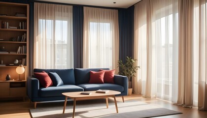 Interior mockup In a white room a blue sofa is placed next to a photo frame on the wall