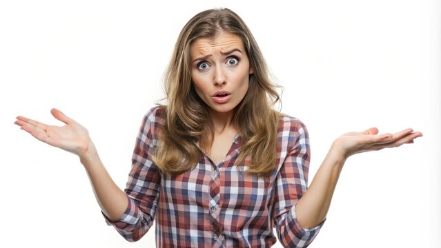 Confused young woman with a puzzled expression, shrugging her shoulders and holding her hands up in a "I don't know" gesture, isolated on white.