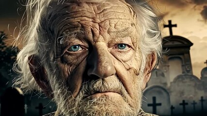 Elderly man with expressive eyes in cemetery setting
