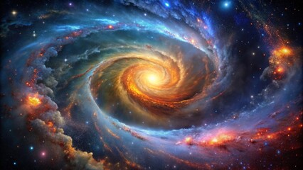 Cosmic vortex of swirling gas and stars forms a spiral shape, surrounded by vibrant nebulae and celestial bodies in a mesmerizing astronomical scene.