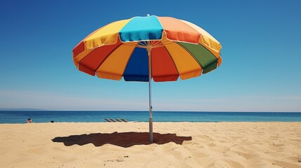 Beach Umbrella on Sandy Shore Under Blue Sky.