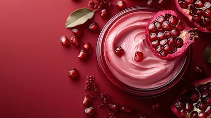 Moisturizer cream jar with pomegranate slices and seeds on a red background for natural fruit cosmetics design.