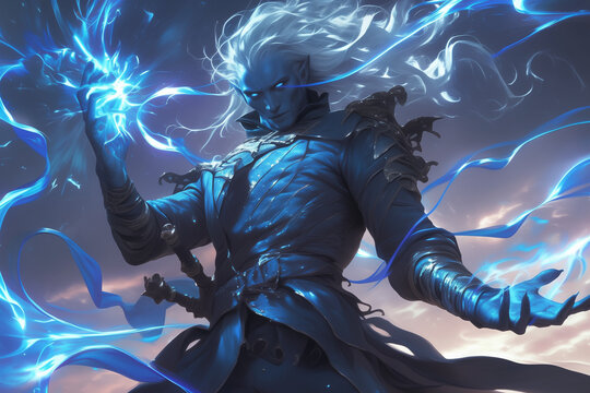 powerful drow sorcerer channeling vibrant blue magic in an ethereal sky, surrounded by swirling energy ribbons