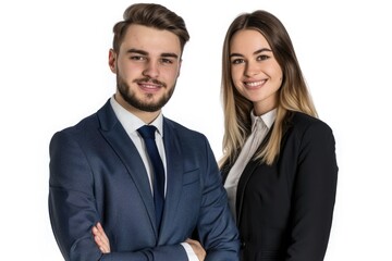 happy young business partners looking at camera isolated on white