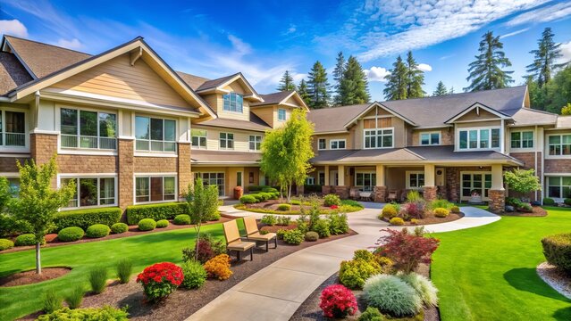 Cozy exterior of a senior living community with modern apartments, lush greenery, and a tranquil atmosphere, promoting independence and comfort for elderly residents.