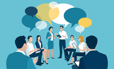 Discussion. The team sits in a circle and discussesBusiness meeting. Teamwork and communication concept. Vector illustration.