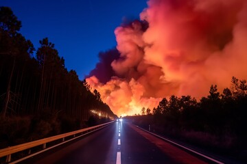 Large fire in the forest on top of a hill near an asphalt road, night time, smoke billows from behind trees across the sky, cars pass by with their headlights illuminating everything