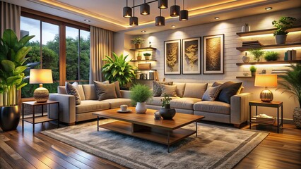 Cozy living room with modern furniture, decorative vases, and framed artwork adorning the walls, surrounded by warm lighting and lush greenery.