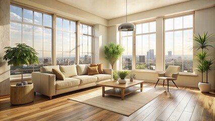 Fototapeta premium Cozy minimalist living room with cream colored walls, wooden floor, and large window letting in plenty of natural light and city view.