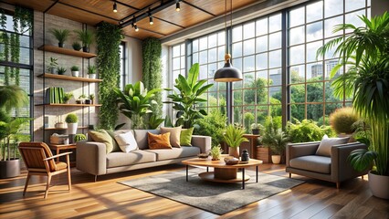 Naklejka premium Cozy modern apartment interior with lush green plants and natural light pouring through large windows, creating a sense of serenity and tranquility.