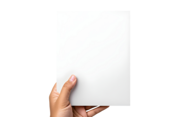 A hand holding a blank white hardcover book isolated on a transparent or white background.