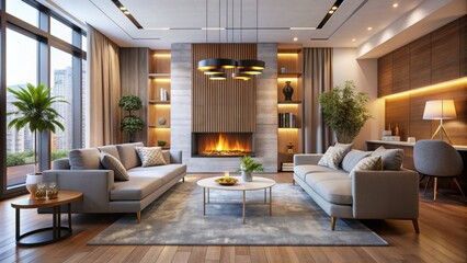 Cozy modern living room with sleek electric fireplace, warm golden flames, and crackling sound, surrounded by comfortable furniture and soft lighting.