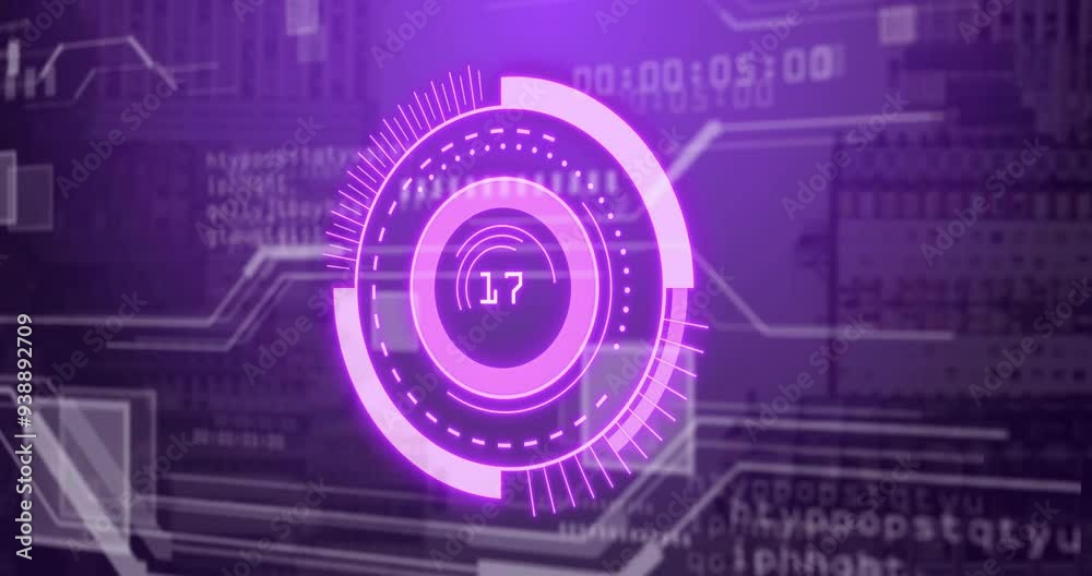 Poster rotating elements and numbers in futuristic digital interface, data processing animation