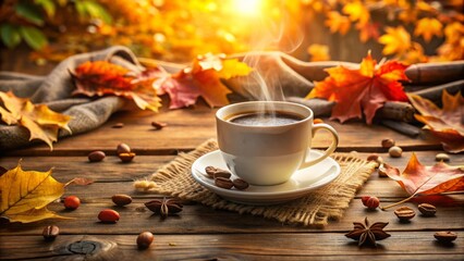 Cozy morning setup featuring a warm cup of coffee on a rustic wooden table, surrounded by autumn leaves and a soft ambient light.