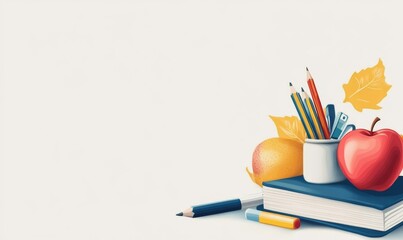 Fototapeta premium Abstract Back to School Concept: Vibrant Icons of Education and Campus Life. Minimalist Design for Stationery Store Promotions, School Season Marketing, and Parent-Child Shopping Experience. Elegant T