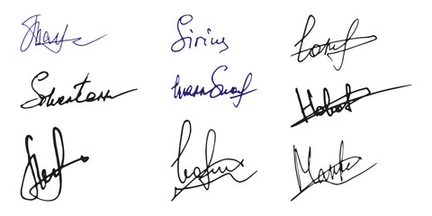 Fake signature hand drawn sample own autograph. Fictitious handwritten signature. Blue ink color. Scribble for sample contracts documents certificates or letters. Vector illustration.