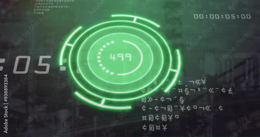 Poster green radar screen and numerical data processing animation over dark background