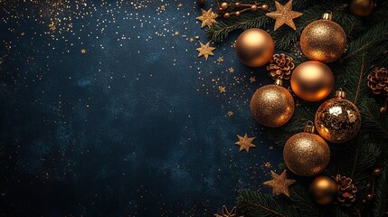 Elegant vertical banner design for a Christmas party invitation featuring luxury gold decorations on a dark blue table with golden balls, stars, and confetti. Top view.