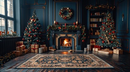 Fototapeta premium Luxury living room interior with dark blue colors, decorated Christmas tree, and fireplace.