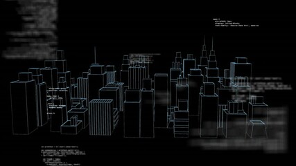 Digital urban development animation with code snippets in cityscape background - Powered by Adobe