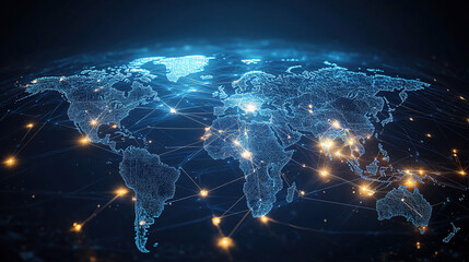 Fototapeta premium Abstract global network concept with blue glowing connections around the world map