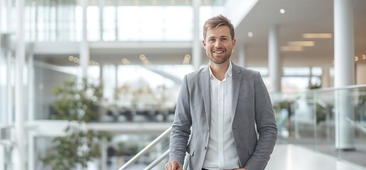 Office worker in a Scandinavian country, standing on staircase railings wearing business casual attire with a gray jacket and white shirt