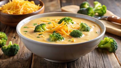 Creamy Cheddar Soup Swirled With Tender Broccoli Florets, Garnished With A Sprinkling Of Grated Cheddar Cheese