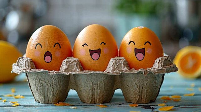Happy Eggs: Three cheerful eggs with smiling faces in an egg carton, adding a touch of whimsy to everyday life.  