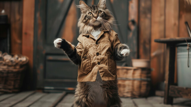 A Maine Coon dressed in a jacket stands on its hind legs in a wooden interior. Looks very funny and charming