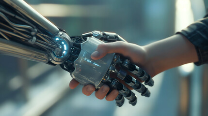 Fototapeta premium A robotic hand and a human hand shaking hands in a gesture of partnership, symbolizing collaboration in business, representing a fusion of technology and humanity
