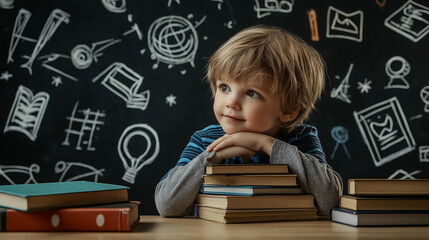 A thoughtful young boy rests his chin on a stack of books, sitting in a classroom against a chalkboard background, deep in contemplation.
