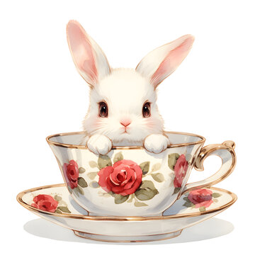recommend clip art: Cute rabbit in a teacup, funny illustration, watercolor clip art.