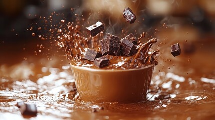 Fototapeta premium Hot melted chocolate splashing in a brown ceramic cup with chocolate chunks
