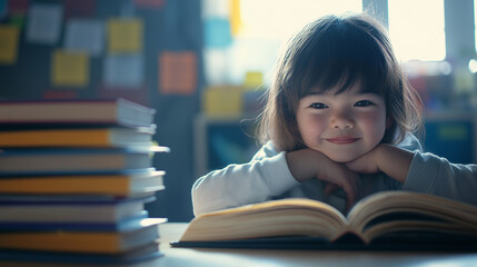 A happy child sitting at a desk with books, representing joy in learning and the school experience.
